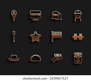 Set line Western cowboy hat, Taco with tortilla, Balloons, USA Independence day, Potatoes french fries in box, Golden gate bridge and American flag icon. Vector