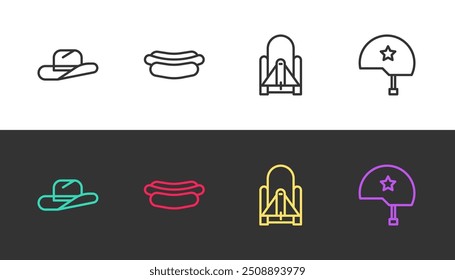 Set line Western cowboy hat, Hotdog sandwich, Rocket launch from the spaceport and Military helmet on black and white. Vector