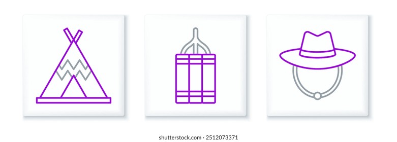 Set Linie Western Cowboy Hut, indischen Tipi oder Wigwam und Dynamit Bombe Symbol. Vektorgrafik