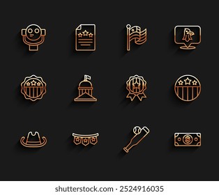 Set line Western cowboy hat, Carnival garland with flags, Tourist binoculars, Baseball bat ball, Stacks paper money cash, White House, Medal star and  icon. Vector