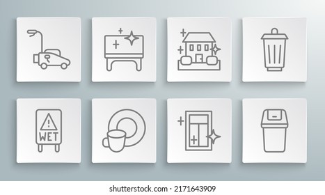 Set line Wet floor, Clean table, Washing dishes, Cleaning service for window, Trash can, Home cleaning,  and Lawn mower icon. Vector