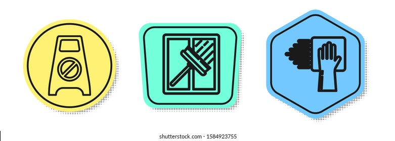 Set line Wet floor and cleaning in progress , Squeegee, scraper, wiper and Cleaning service . Colored shapes. Vector