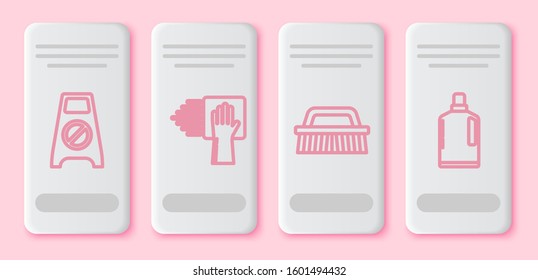 Set line Wet floor and cleaning in progress , Cleaning service , Brush for cleaning  and Plastic bottles for liquid dishwashing liquid. White rectangle button. Vector
