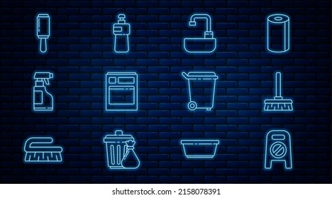 Set Line Wet Floor And Cleaning In Progress, Handle Broom, Washbasin With Water Tap, Kitchen Dishwasher Machine, Spray Bottle Detergent Liquid, Adhesive Roller, Trash Can And Dishwashing Icon. Vector