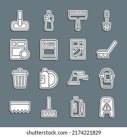 Set line Wet floor and cleaning in progress, Bucket with rag, Brush for, Rubber cleaner windows, Kitchen dishwasher machine, Mop and Cleaning service icon. Vector