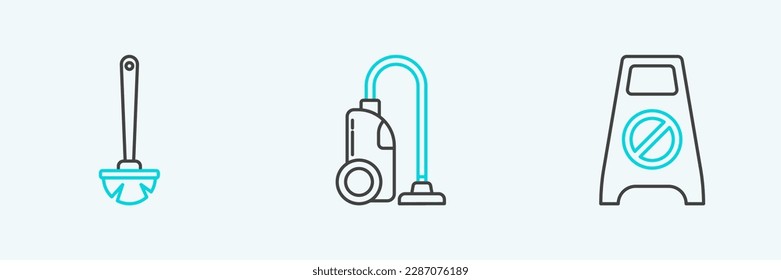 Set line Wet floor and cleaning in progress, Toilet brush and Vacuum cleaner icon. Vector