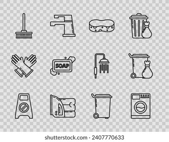 Set line Wet floor and cleaning in progress, Washer, Sponge, Electric iron towel, Mop, Bar of soap with foam, Trash can and  icon. Vector