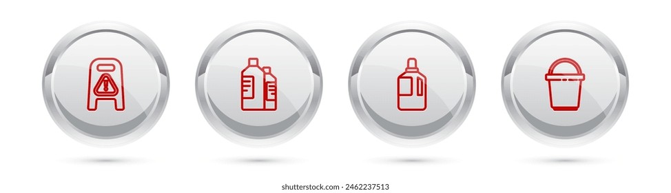 Set line Wet floor and cleaning in progress, Bottles for agent, Fabric softener and Bucket. Silver circle button. Vector