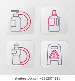 Set line Suelo húmedo y limpieza en curso, Placa de botella líquida para lavavajillas, Suavizante de tela e icono. Vector