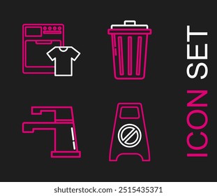 Set line Wet floor and cleaning in progress, Water tap, Trash can and Washer t-shirt icon. Vector