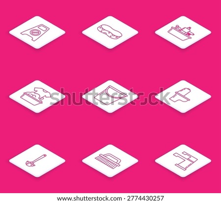 Set line Wet floor and cleaning in progress, Sponge, Plastic bottles for liquid dishwashing liquid, basin with soap suds, Bucket, Toilet bowl, brush and Brush icon. Vector