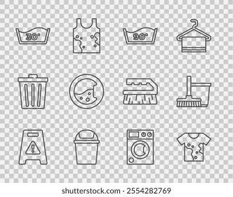 Set line Wet floor, Dirty t-shirt, Temperature wash, Trash can, Washer,  and Mop and bucket icon. Vector