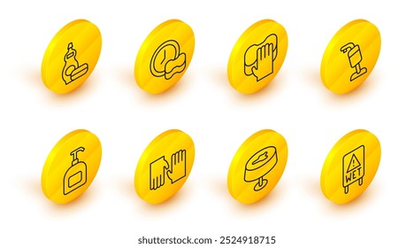 Set line Wet floor, Stain on the tablecloth, Rubber gloves, Bottle of liquid soap, Vacuum cleaner, Cleaning service, Washing dishes and Dishwashing bottle icon. Vector