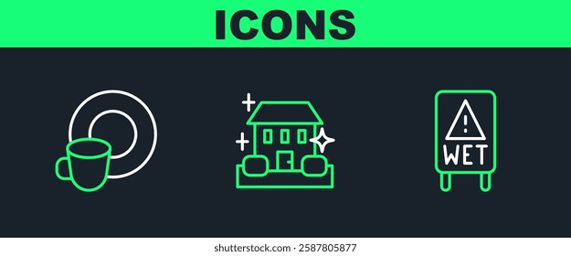 Set line Wet floor, Washing dishes and Home cleaning service icon. Vector