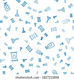 Set line Wet wipe pack, Bottle of shampoo and Rubber plunger on seamless pattern. Vector