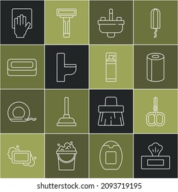 Set line Wet wipe pack, Nail scissors, Paper towel roll, Washbasin with water tap, Toilet bowl, Bar of soap, Cleaning service and Shaving gel foam icon. Vector