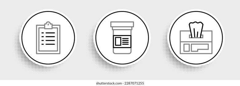 Set line Wet wipe pack, Clipboard with checklist and Medicine bottle icon. Vector