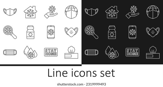 Set line Wet wipe pack, Medical protective mask, Hand with virus, Medicine bottle pills, Virus under magnifying glass, statistics on mobile and Stay home icon. Vector