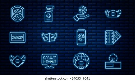 Set line Wet wipe pack, Pills in blister, Hand with virus, Medical protective mask, Bar of soap, Shield protecting from, Virus statistics on mobile and Liquid antibacterial icon. Vector