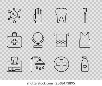 Set line Wet wipe pack, Bottle of liquid antibacterial soap, Tooth, Shower head, Virus, Round makeup mirror, Cross hospital medical and Sleeveless T-shirt icon. Vector