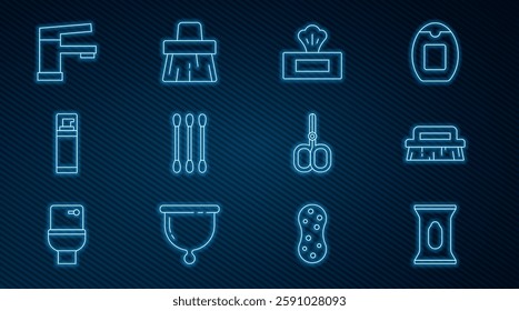 Set line Wet wipe pack, Brush for cleaning, Cotton swab ears, Shaving gel foam, Water tap, Nail scissors and Handle broom icon. Vector