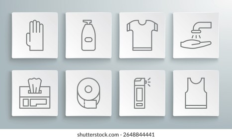 Set line Wet wipe pack, Garrafa de sabão antibacteriano líquido, rolo de papel higiênico, com pulverizador de bocal, T-shirt sem mangas, mãos de lavagem e ícone de luvas de borracha. Vetor
