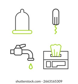 Set line Paquete de toallitas húmedas, grifo de agua, tampón sanitario e icono de condón. Vector