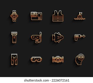 Set line Wetsuit, Diving mask, watch, Photo camera, Scallop sea shell, and snorkel, Fishing harpoon and  icon. Vector