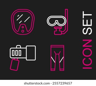 Set line Wetsuit, Flashlight, Diving mask and snorkel and  icon. Vector