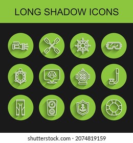 Set line Wetsuit, Gauge scale, Flashlight, Anchor inside shield, Lifebuoy, Scallop sea shell, Snorkel and Aqualung icon. Vector