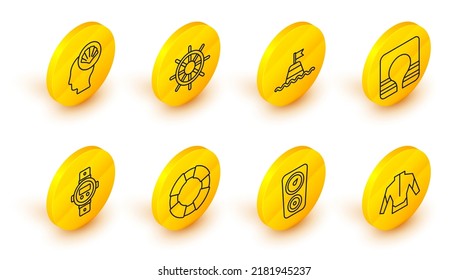 Set line Wetsuit, Gauge scale, Lifebuoy, Diving watch, jacket, Floating on the sea, Ship steering wheel and Scallop shell icon. Vector