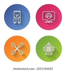 Set line Wetsuit, Scallop sea shell, Paddle and Aqualung. Color circle button. Vector