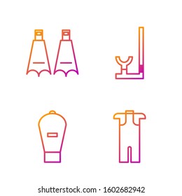 Set line Wetsuit for scuba diving, Lift bag, Rubber flippers for swimming and Snorkel. Gradient color icons. Vector