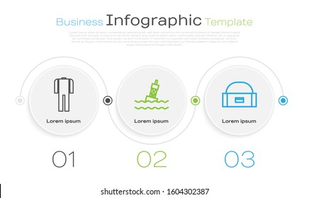 Set line Wetsuit for scuba diving, Floating buoy on the sea and Case or box container for wobbler. Business infographic template. Vector