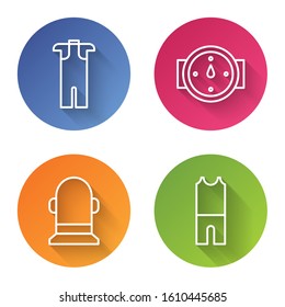 Set line Wetsuit for scuba diving, Wind rose, Buoy and Wetsuit for scuba diving. Color circle button. Vector