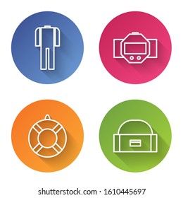 Set line Wetsuit for scuba diving, Diving watch, Lifebuoy and Case or box container for wobbler. Color circle button. Vector
