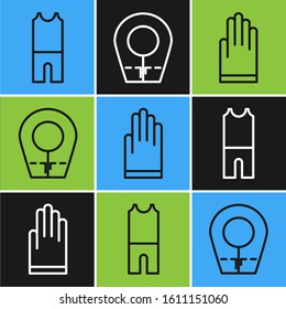 Set line Wetsuit for scuba diving, Gloves and Diving hood icon. Vector