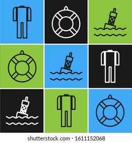 Set line Wetsuit for scuba diving, Floating buoy on the sea and Lifebuoy icon. Vector