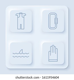 Set line Wetsuit for scuba diving, Carabiner, Shark fin in ocean wave and Gloves. White square button. Vector