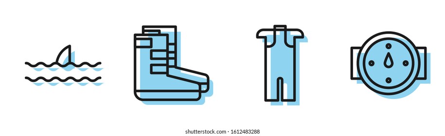 Set line Wetsuit for scuba diving, Shark fin in ocean wave, Boots and Wind rose icon. Vector