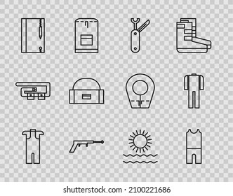 Set line Wetsuit for scuba diving, Swiss army knife, Fishing harpoon, Underwater note book and pencil, Case box container wobbler, Sun waves and  icon. Vector