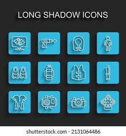 Set line Wetsuit for scuba diving, Photo camera diver, Flippers swimming, Aqualung, Diving knife and Life jacket icon. Vector