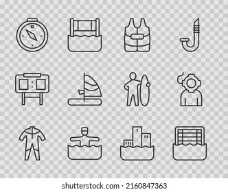 Set line Wetsuit for scuba diving, Water polo, Life jacket, gymnastics, Compass, Windsurfing, Winner podium and Aqualung icon. Vector