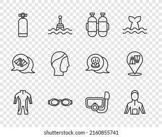 Set line Wetsuit for scuba diving, Aqualung, Glasses swimming, Diving hood, mask with snorkel and Flippers icon. Vector