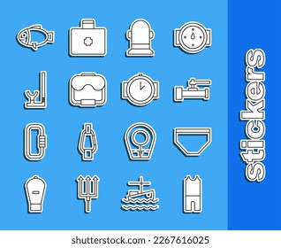 Set line Wetsuit for scuba diving, Swimming trunks, Industry metallic pipes and valve, Buoy, Diving mask, Snorkel, Fish and watch icon. Vector