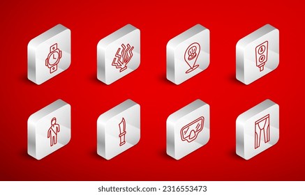 Set line Wetsuit for scuba diving, Coral, Scallop sea shell, Gauge scale, Diving mask, watch, knife and  icon. Vector