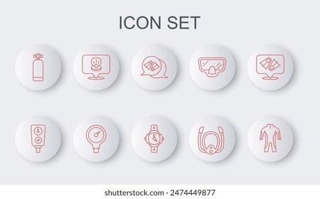 Set line Wetsuit for scuba diving, Gauge scale, Flippers swimming, Diving mask with snorkel, Aqualung, Scallop sea shell,  and watch icon. Vector