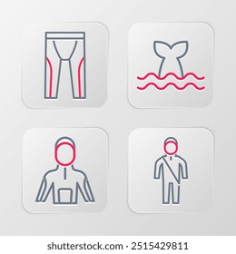 Set line Wetsuit for scuba diving, Whale tail and  icon. Vector