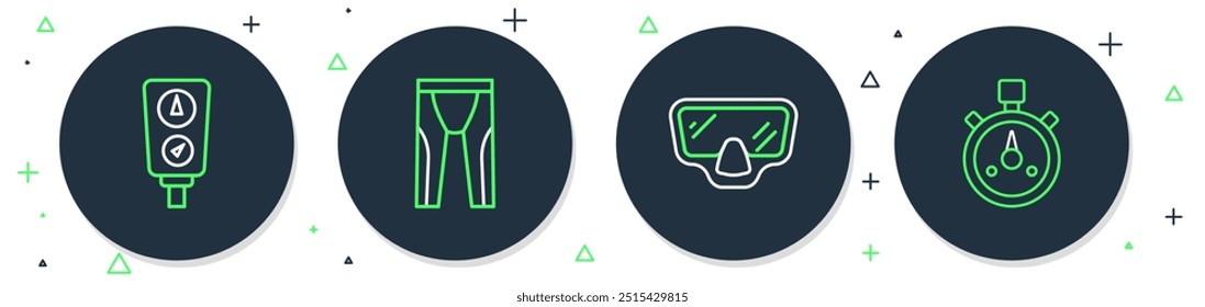 Set line Wetsuit for scuba diving, Diving mask, Gauge scale and Stopwatch icon. Vector