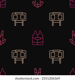 Set line Wetsuit for scuba diving, Sport mechanical scoreboard and Life jacket on seamless pattern. Vector